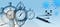 Stopwatches, vaccine ampoules, a syringe and a coronavirus molecule set against a blue background.