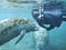 person in wetsuit with snorkel looks at camera as 2 manatees swim near her