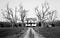 A black and white photo of a secluded farmhouse surrounded by a circle of bare trees in a clearing