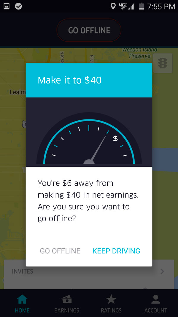 A ‘income targeting’ modal for Uber’s driver app.