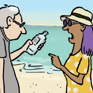 A pale man with grey hair holding an empty plastic bottle while a tan woman with purple hair and a hat stands in front of him and points to the bottle. There is a beach behind them.