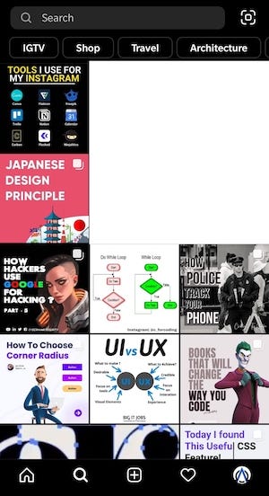 Instagram’s “Explore” tab with tailored content displayed