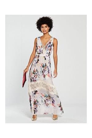 little mistress pleated maxi dress in floral print in cream multi