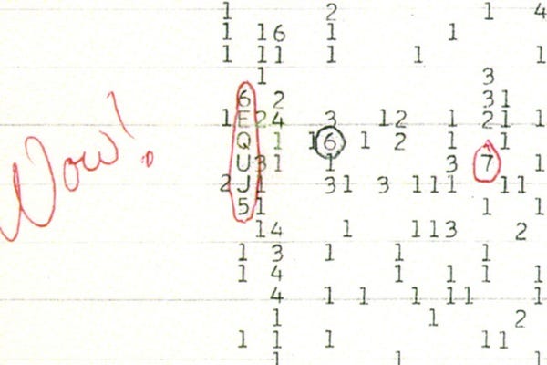 La scansione di una copia a colori della stampa originale del computer, eseguita diversi anni dopo l'arrivo nel 1977 di Wow! Segnale.