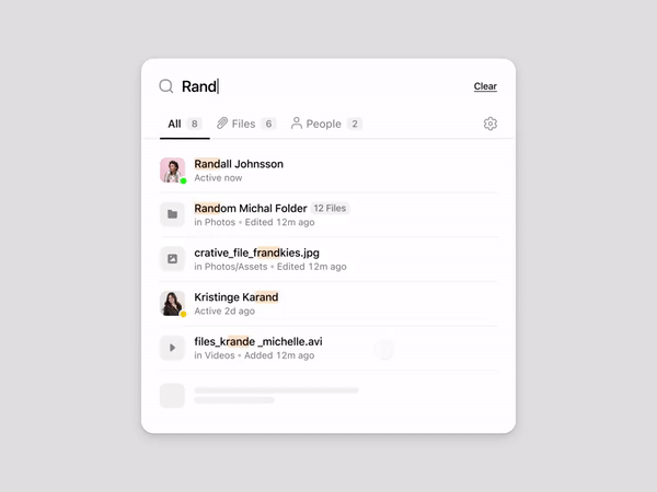 Animation showing a search bar, a search keyword being typed in and results being generated.