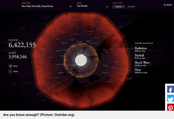 A screenshot of a simulated nuclear bomb detonation in New York.