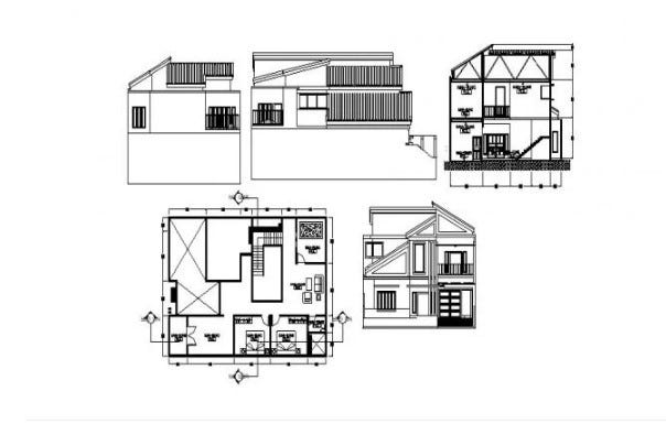 Architectural Plan Of House With Section And Elevation In