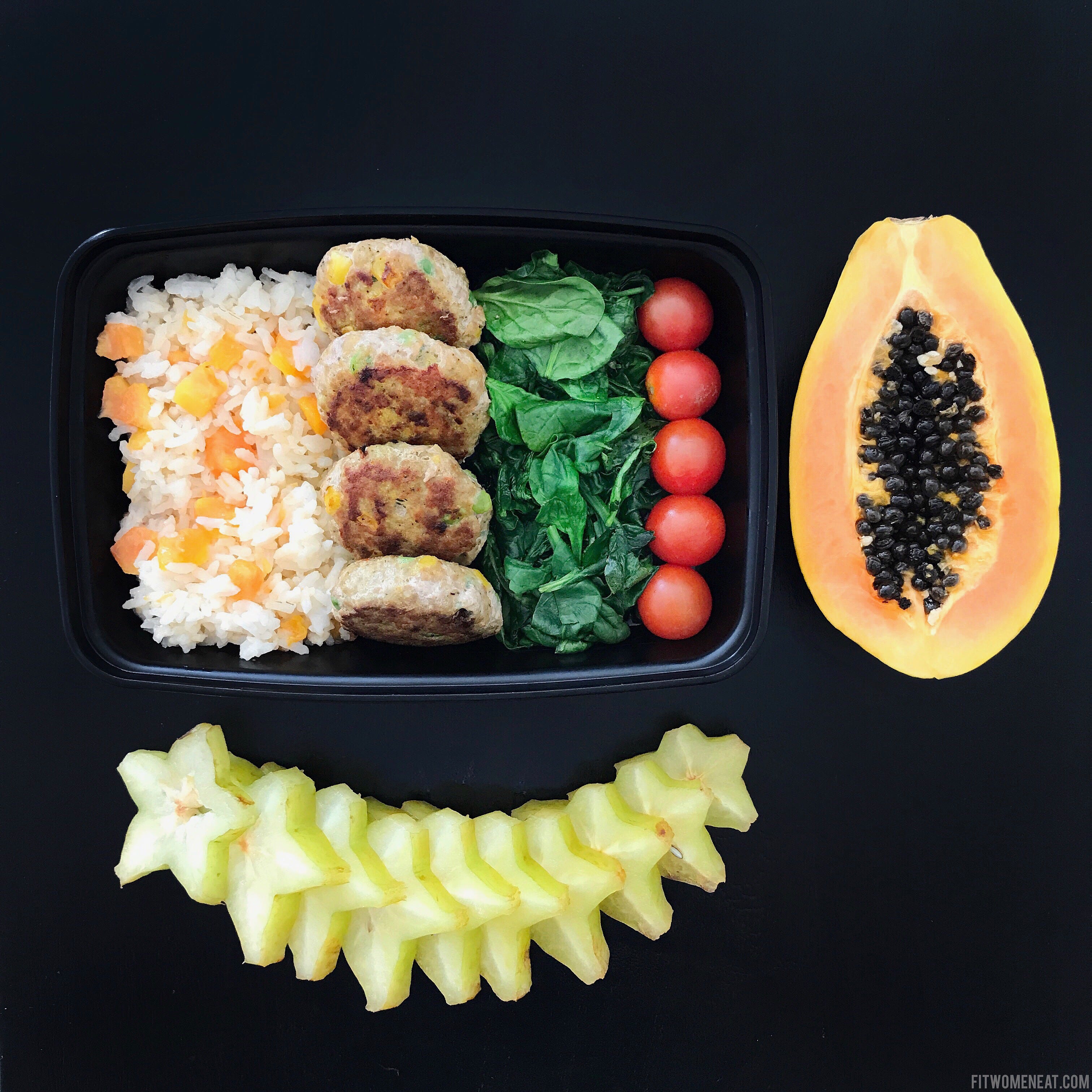 Coconut-Papaya Rice with Turkey Patties and Baby Spinach