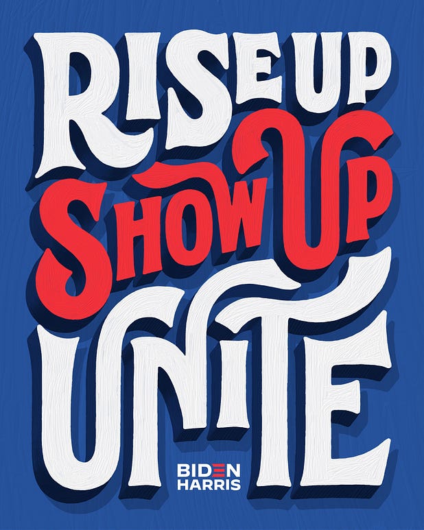 Lettering art of the phrase 'Rise up. Show up. Unite!' by Lauren Hom