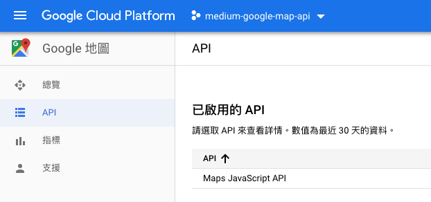 確認Maps JavaScript API是啟用的