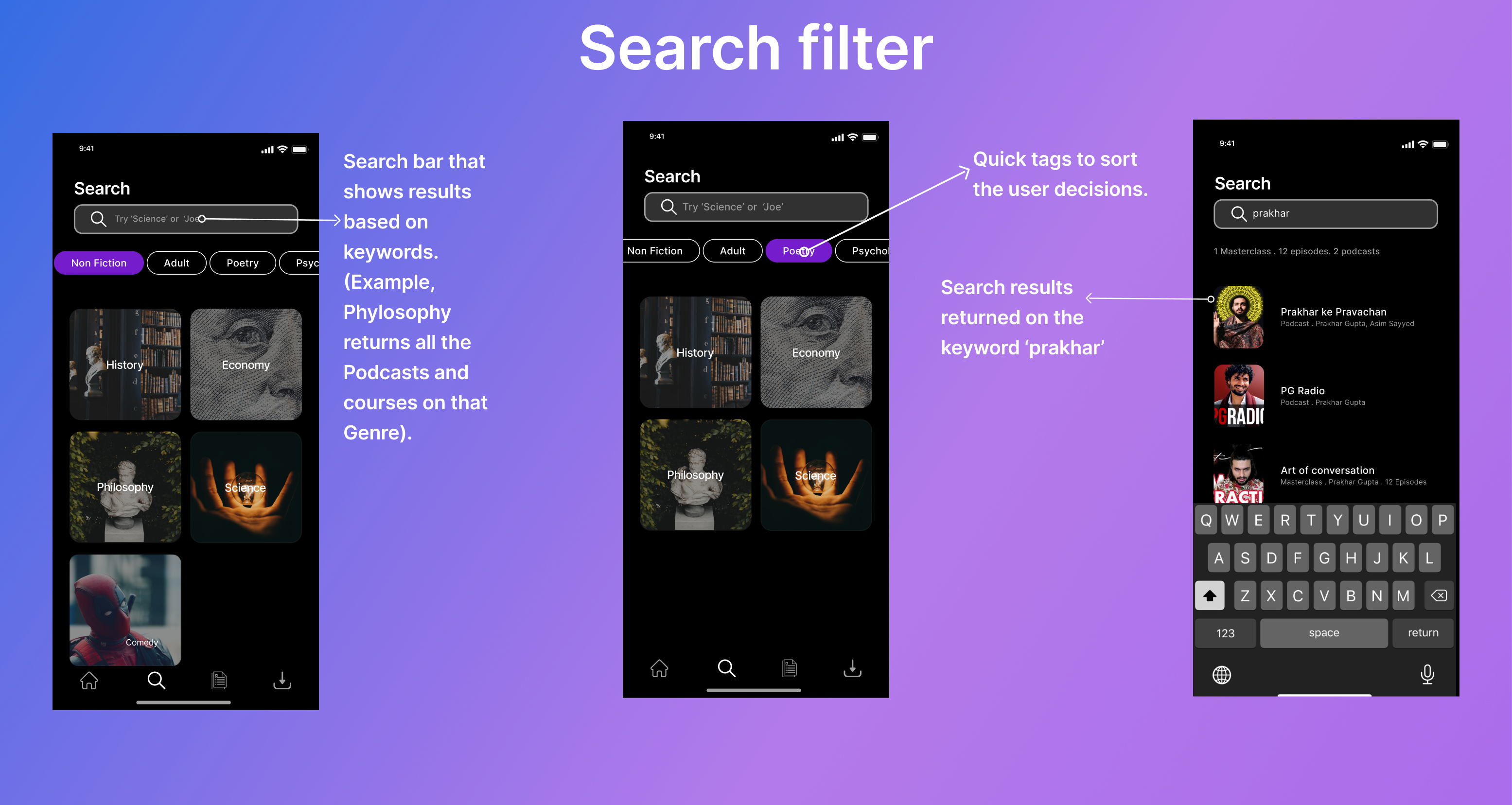 Search filter screens with quick tags and genre cards to help with sorting easier.