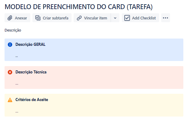 Printscreen do modelo de issue do tipo 'tarefa' usada na squad