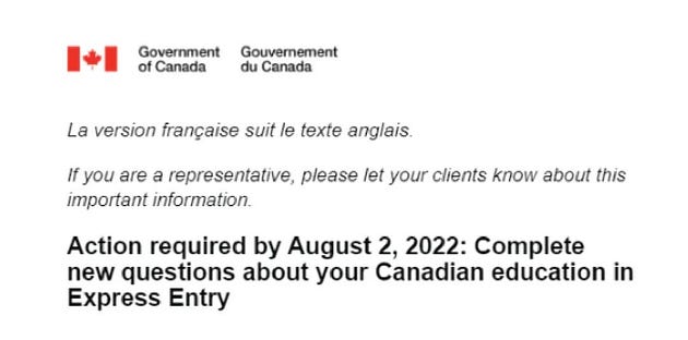 郵件的大致內容是提醒擁有加拿大本地教育經歷的申請者，需要更新三個問題。如果未及時更新，可能會錯過接下來新一輪的邀請。