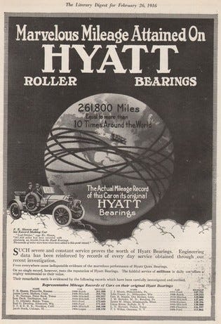 Print ad from Hyatt Roller Bearings featuring an old fashioned car traveling around the globe.