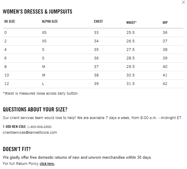 Kenneth Cole Size Chart