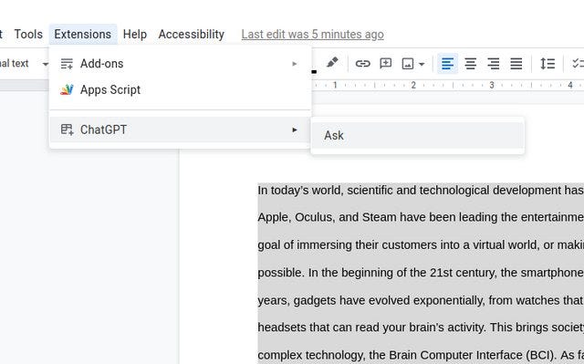 Screenshot using how ChatGPT can be integrated within your google docs.