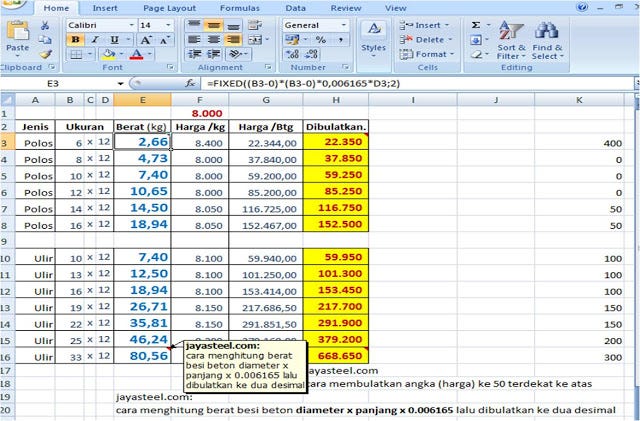 Perhitungan Berat Besi Beton Dan Harga Excel Suwur Com