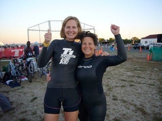 My very first triathlon, done together with Lady Di…all smiles until I got in that water!