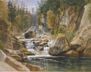 Ausable River running over and between rocks with trees in the background.