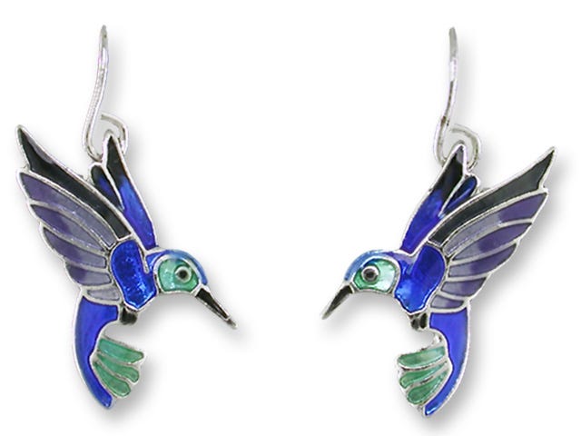 Gold Plated Stainless Steel Kidney Earwires ~ Teardrop Shaped Summer Earrings Hummingbird Earrings ~ Purple Enameled Hummingbirds