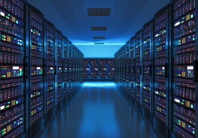computer towers in a data warehouse
