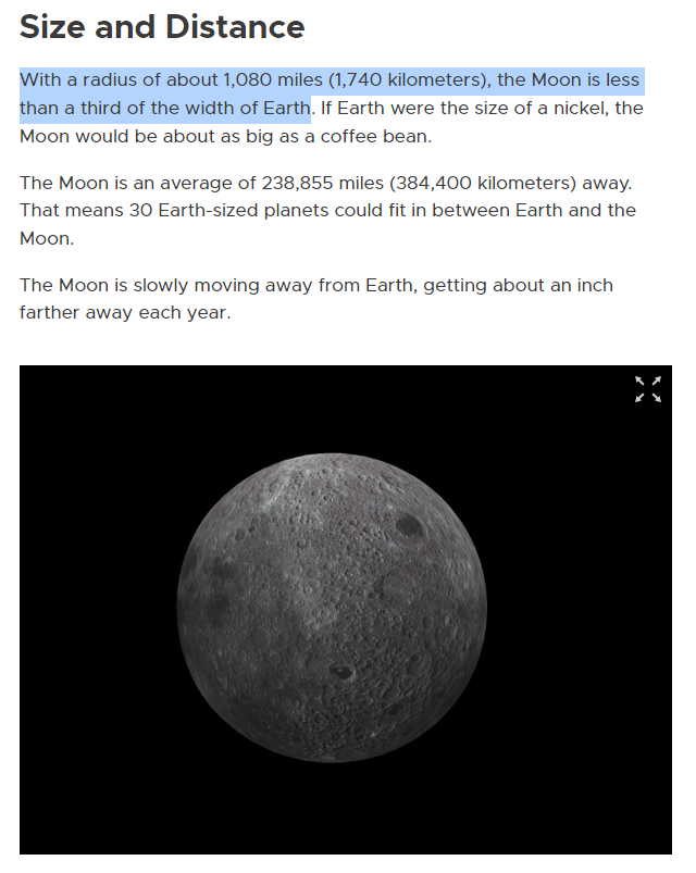Fermi Problems: How To Deal With Huge Numbers — A screenshot of a NASA page saying that radius of the moon is 1740 kilometres. Furthermore, the screenshot also mentions that the Moon is less than a third of the width of the Earth.