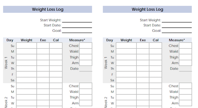 Printable Measurement Chart For Weight Loss