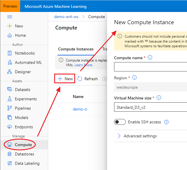 Create an Azure ML Compute Instance