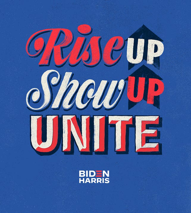 Lettering art of the phrase 'Rise up. Show up. Unite!' by Kyle Letendre