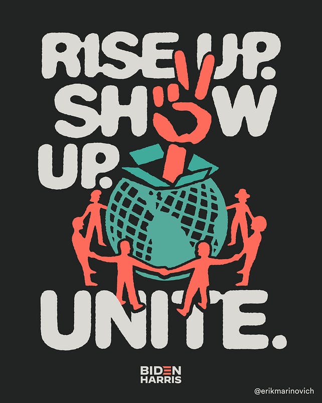 Lettering art of the phrase 'Rise up. Show up. Unite!' by Erik Marinovich