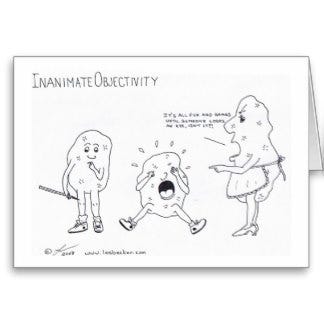 Cartoon of three potatoes — 2 children and their mom — one kid has poked the other with a stick and Momma says, “It’s all fun and games until somebody loses an eye.”