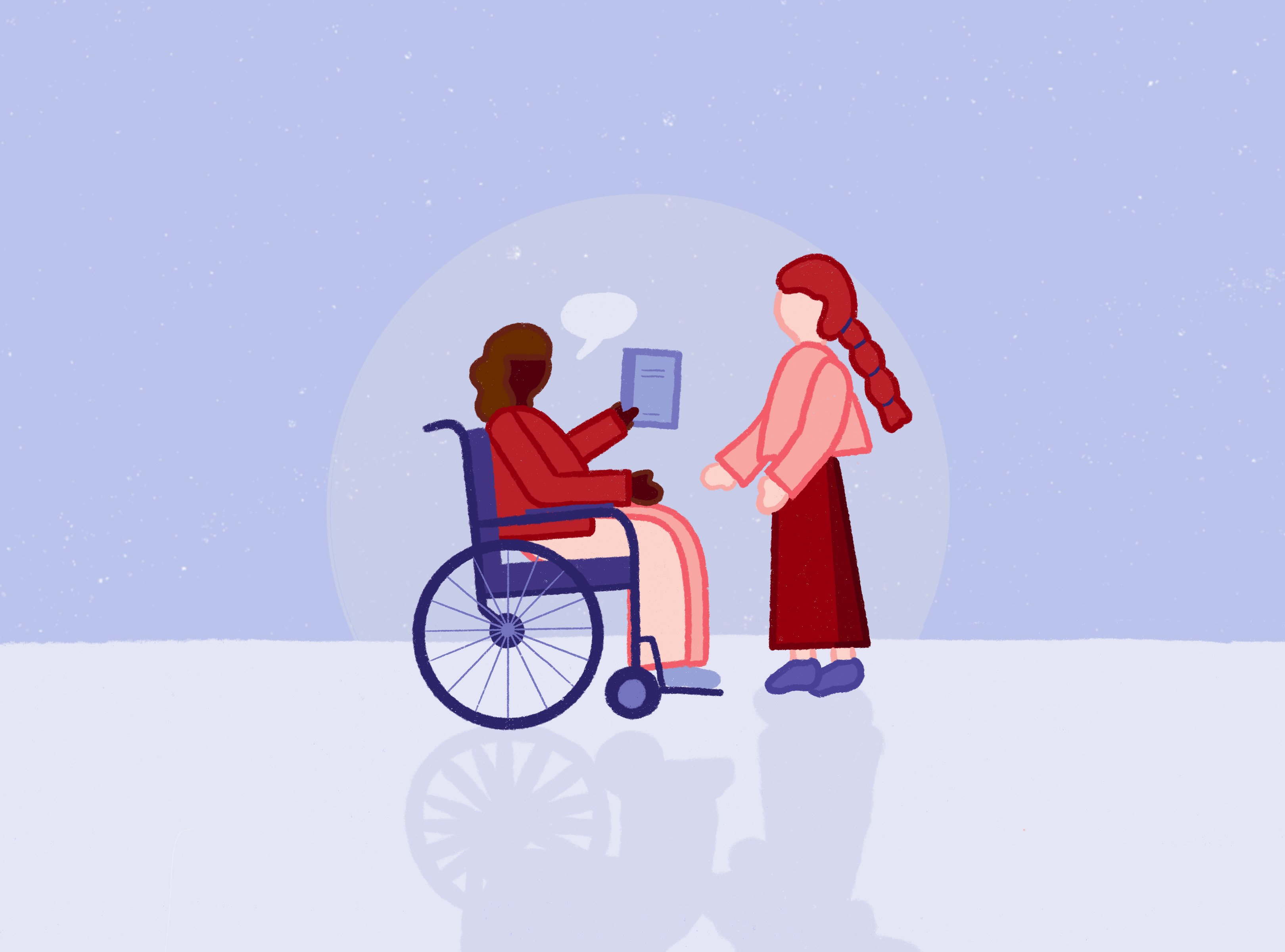 Two women, one standing and one in a wheelchair, discuss a book.