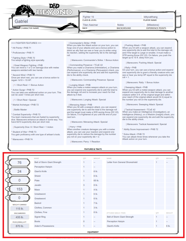 The second page of a D&D 5e character sheet. A red box highlights the section labeled Equipment.