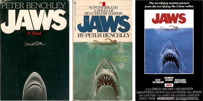 A side-by-side comparison of the original book cover design for Jaws, the updated book cover inspired by the movie poster, and the original 1975 movie poster.
