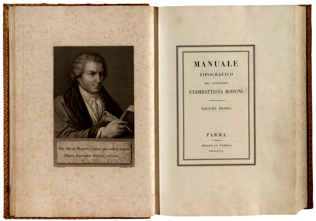 An open page spread from an early edition of the Manuale Tipografico, showing a portrait of Bodoni at left and a title page at right