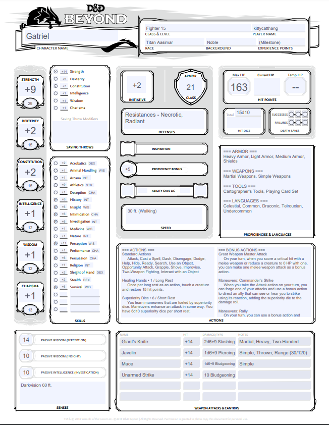 A D&D 5e character sheet’s first page, detailing various statistics of a character named Gatriel.