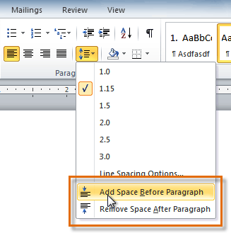 format paragraph spacing in word 2018