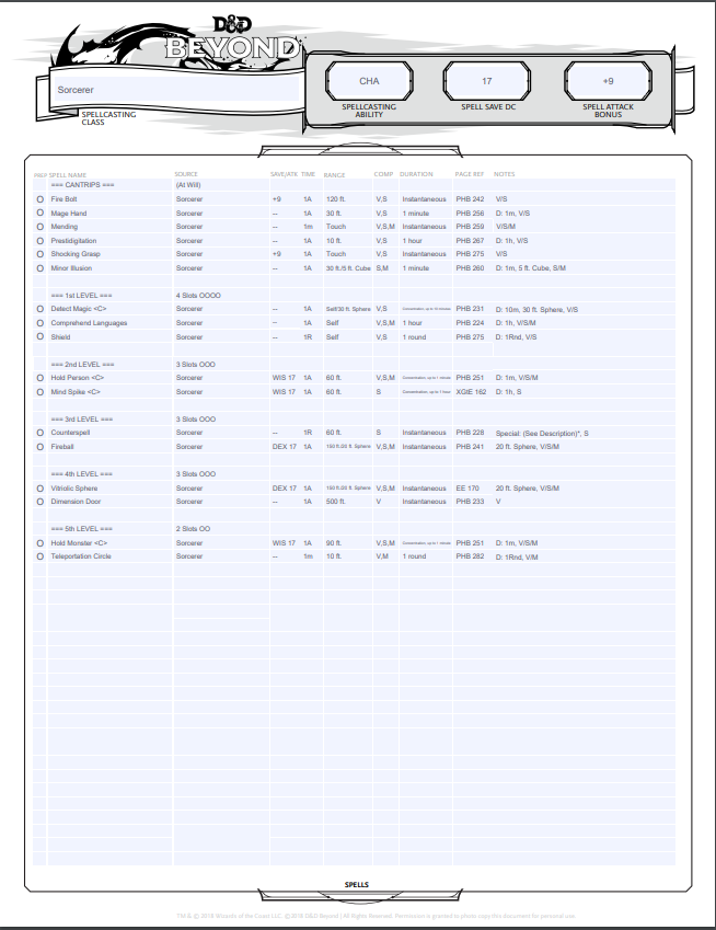 A screenshot of the Spells section of a Dungeons and Dragons character sheet.