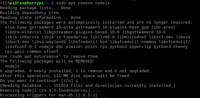 Ran sudo apt remove nodejs from Raspberry Pi 4.