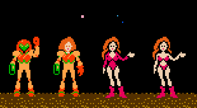 The various states of undress used as reward in the first Metroid game.