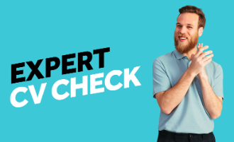 Blue background with words Expert CV Check and a bearded male smiling whilst clapping