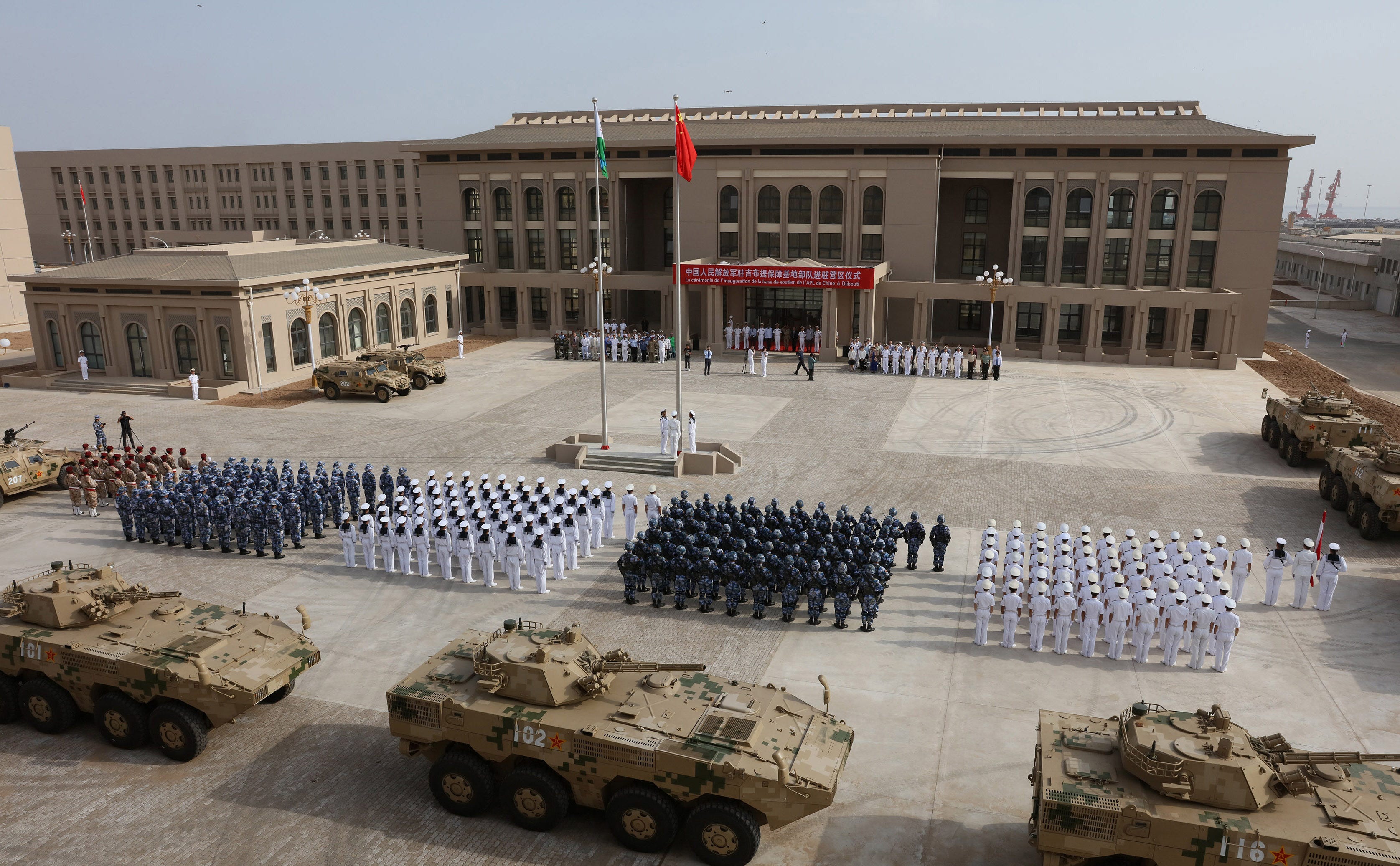 Chinese Army personnel attending the opening ceremony of China’s new military base in Djibouti