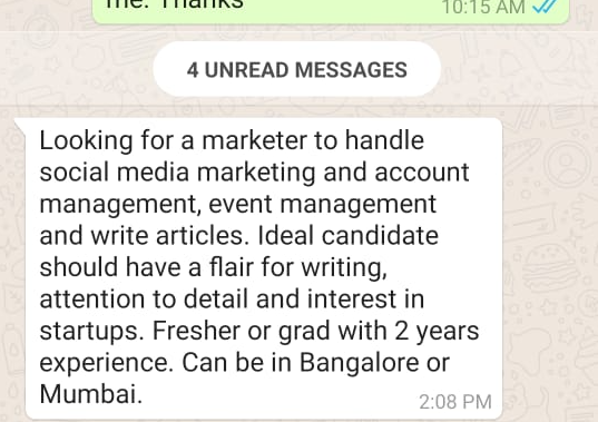 WhatsApp screenshot of a job description for social media marketing