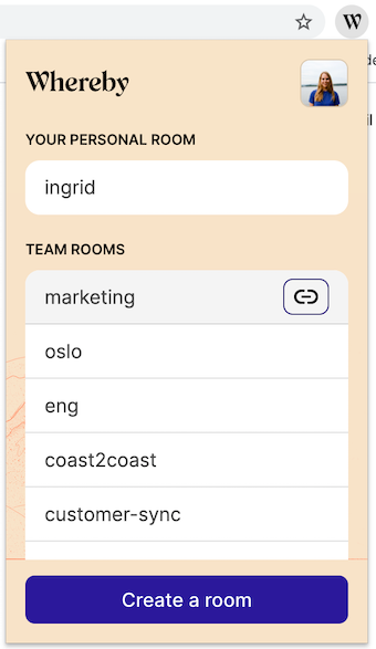 Whereby Chrome Extension room list with copy link button