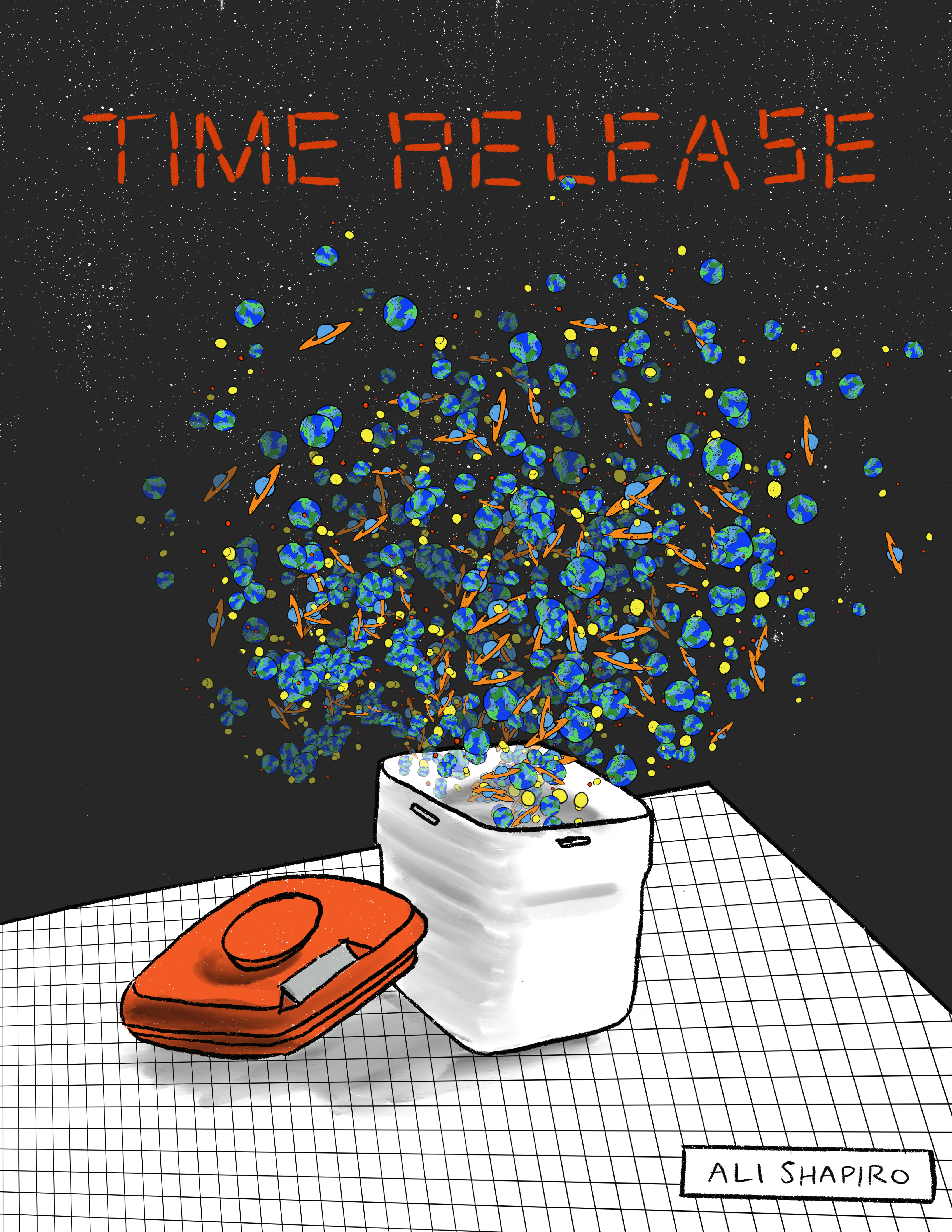 A cartoon drawing of a plastic box, on a counter, lid on the side, with tons of colorful pills coming out like an explosion. Above it the tilte 'Time Release'