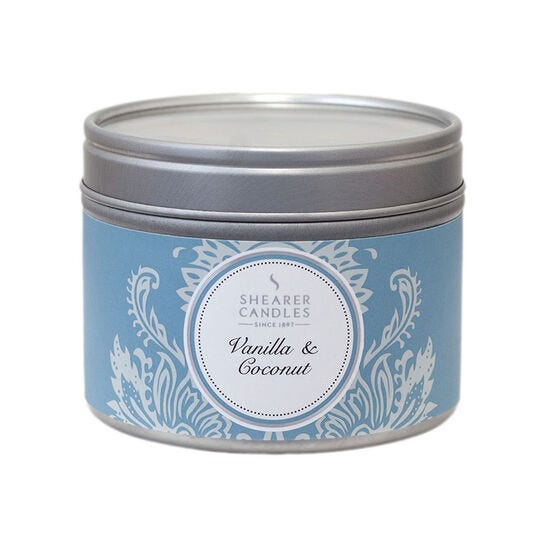 Shearer Candles Vanilla and Coconut Large Scented Silver Tin Candle — White