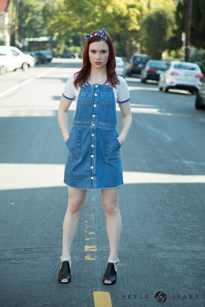 denim jumpsuit with heels