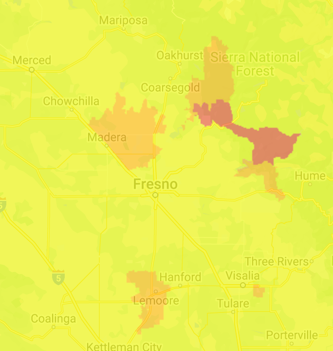 A map shows counties around Fresno, California, with varying colors to represent gas prices.