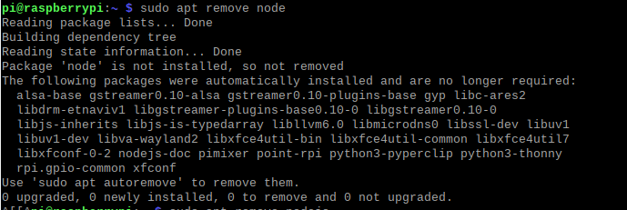 Ran sudo apt remove node, and couldn't find node