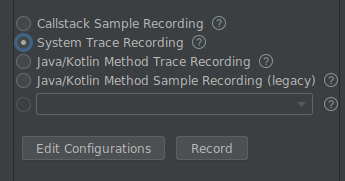 Screenshot of the CPU profiler selecting the system trace recording from the tracing options